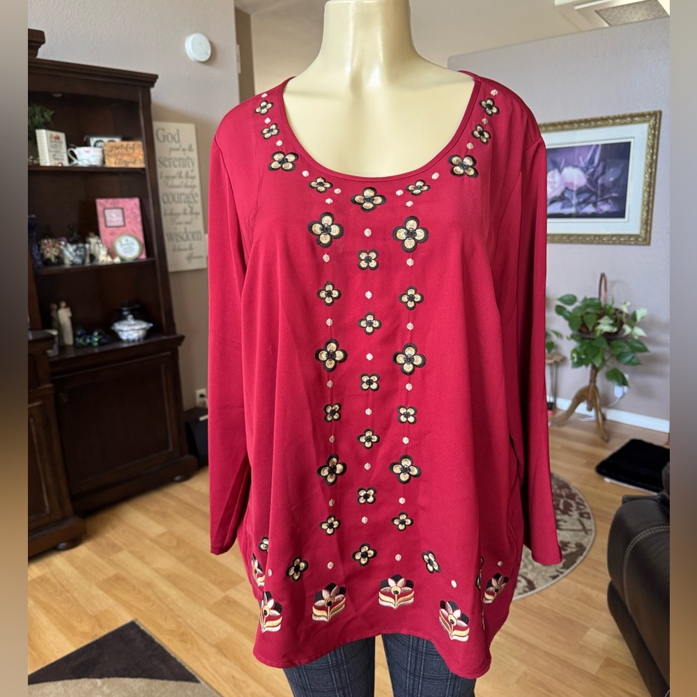Bob Mackie Red Embellished Scoop Neck Blouse
